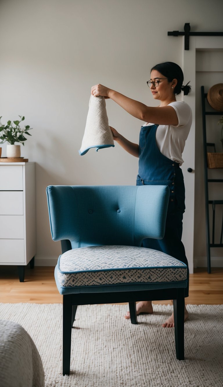 A person reupholsters an IKEA chair with new fabric in a cozy bedroom setting