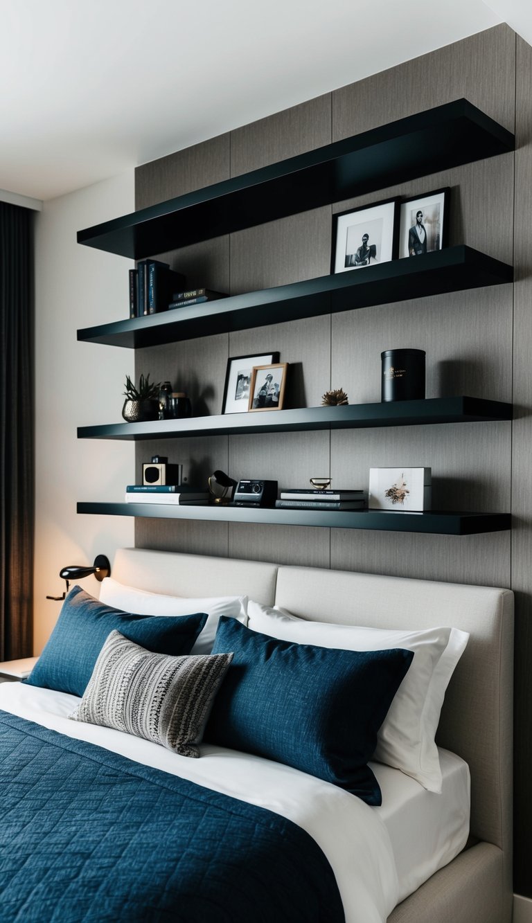 A modern bedroom with sleek floating shelves displaying masculine decor and personal items