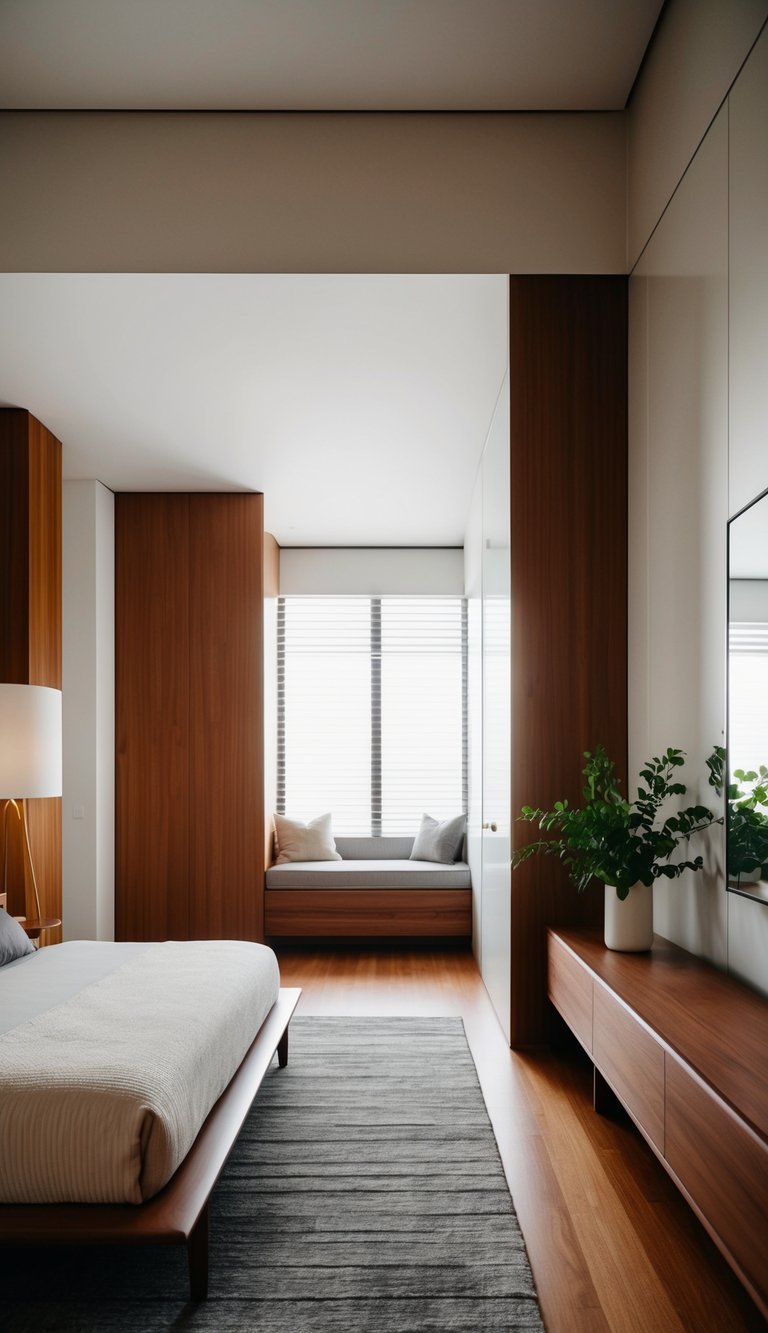 A sleek mid-century modern rug anchors a minimalist men's bedroom with clean lines and warm wood tones