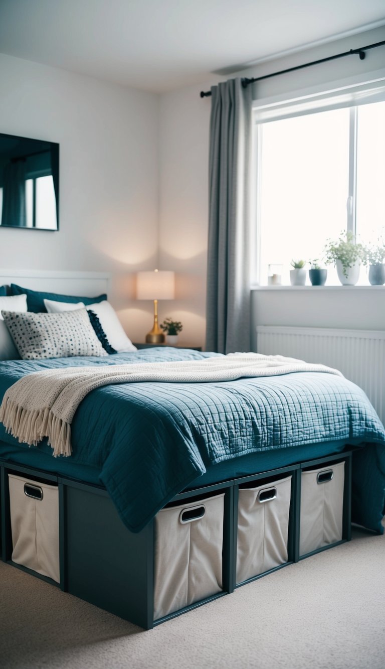 A cluttered bedroom with a bed and DIY underbed storage bins made from IKEA furniture, creating a tidy and organized space