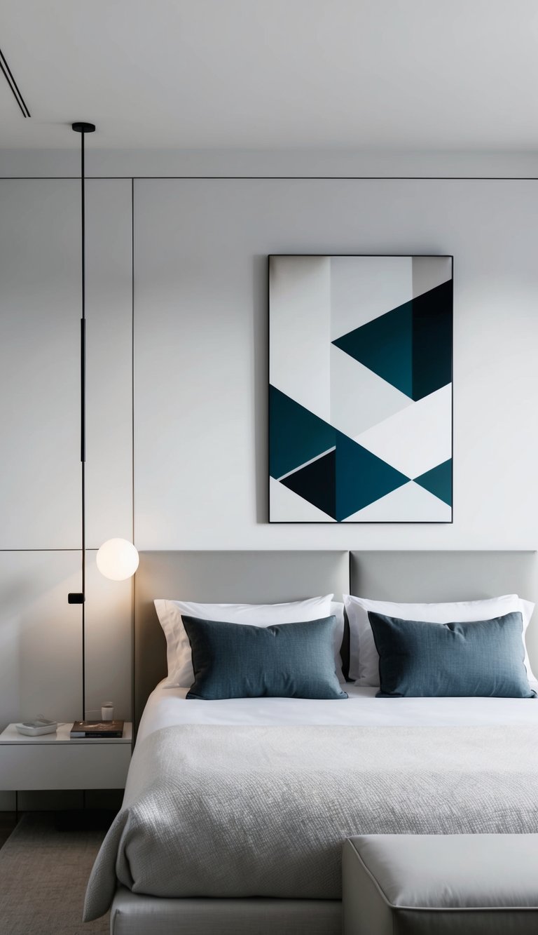 A modern bedroom with a large geometric wall art piece as the focal point. The room is minimalistic and features clean lines and neutral colors