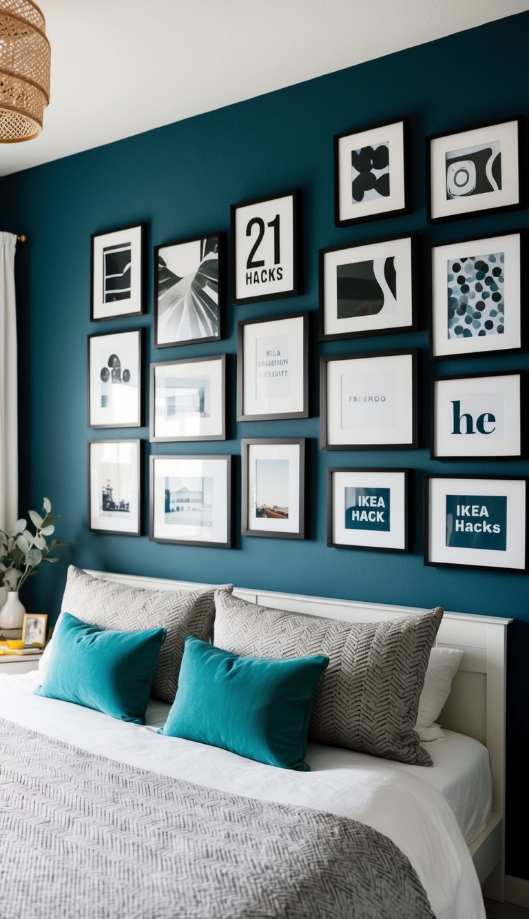 A bedroom with a gallery wall of simple IKEA frames, displaying 21 hacks