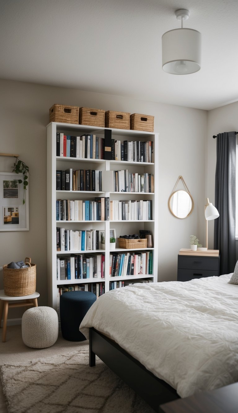 A cluttered bedroom with a Billy bookcase transformed by DIY hacks, surrounded by simple and affordable IKEA furniture