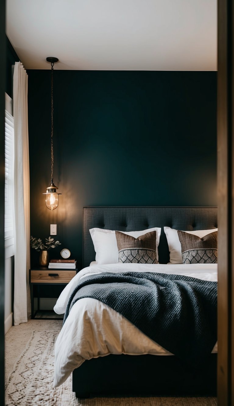 A cozy bedroom with a dark accent wall, soft ambient lighting, and masculine decor