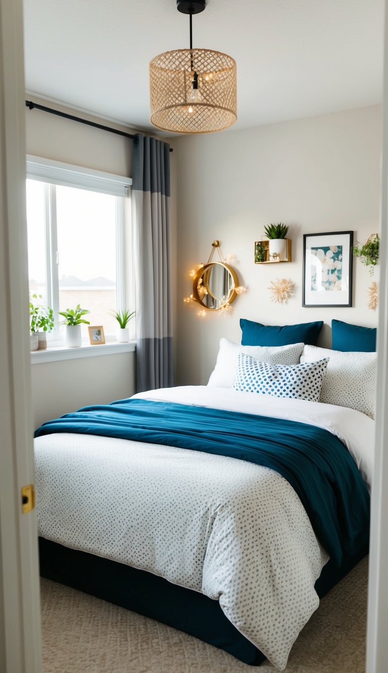 A cozy bedroom with a neatly made bed, adorned with stylish and affordable IKEA bedding sets. The room is clutter-free and decorated with clever DIY hacks