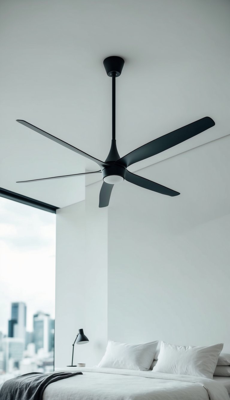 A sleek, modern ceiling fan hangs from a high, white ceiling in a minimalist men's bedroom