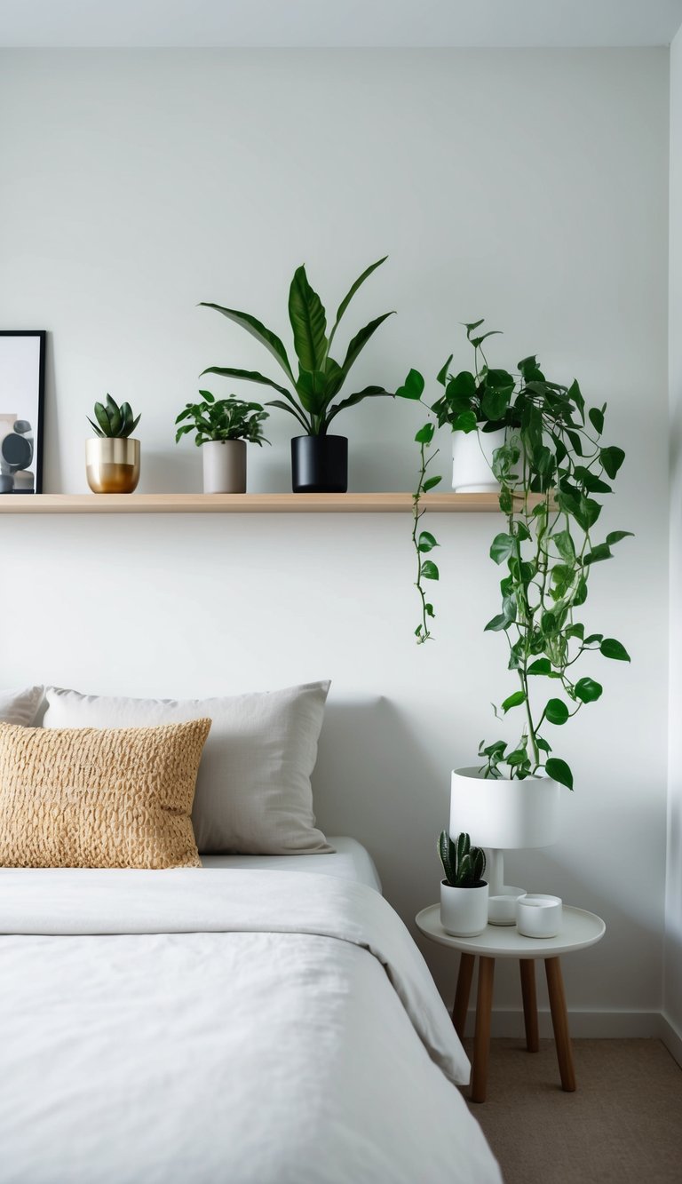 A minimalist bedroom with a sleek IKEA plant shelf holding greenery and decor items