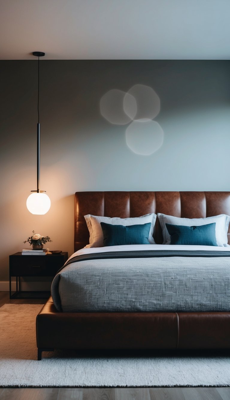 A modern bedroom with a sleek leather headboard, minimalist decor, and masculine color scheme