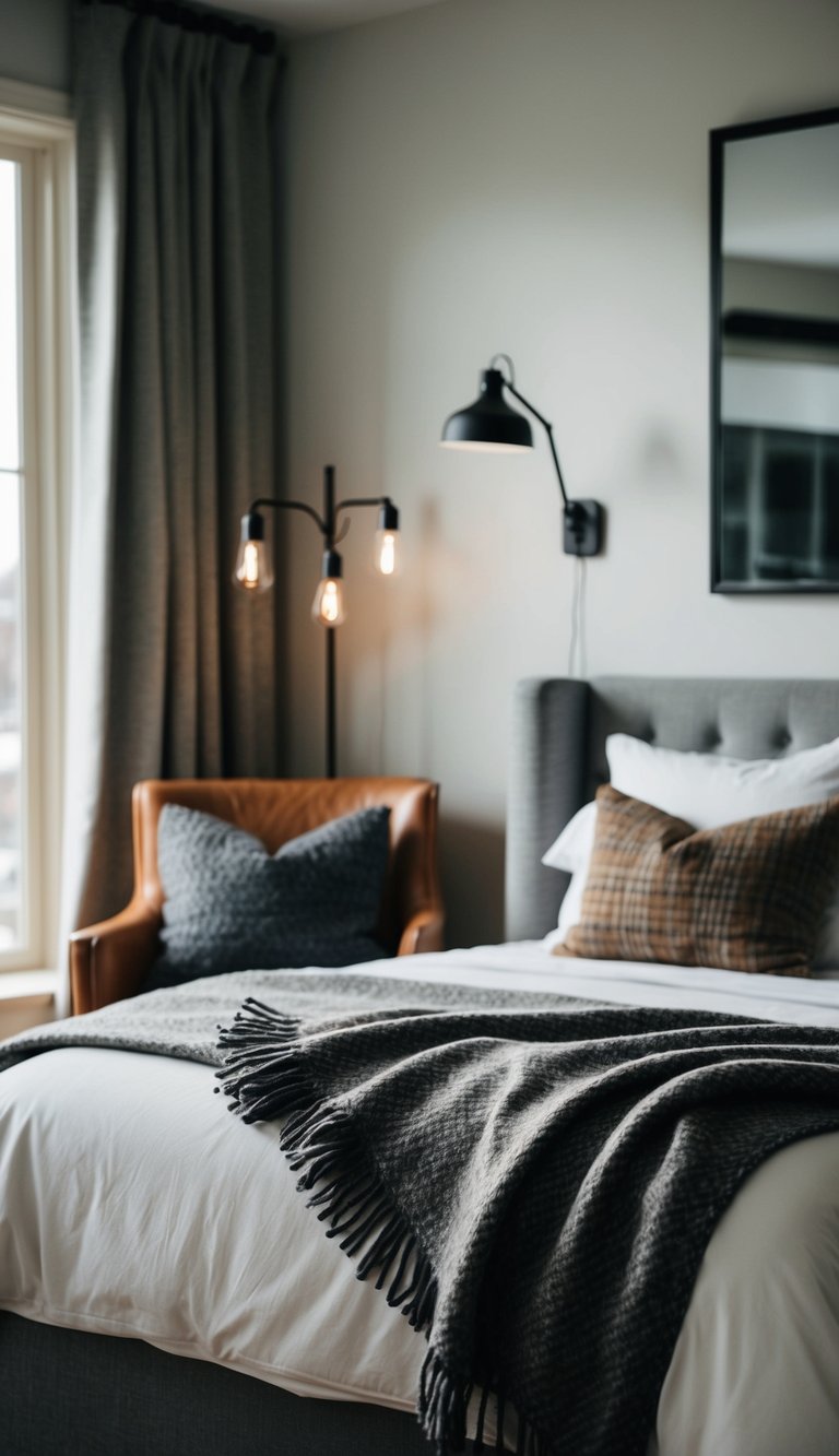 A cozy bedroom with a wool throw blanket draped over a chair, soft lighting, and masculine decor