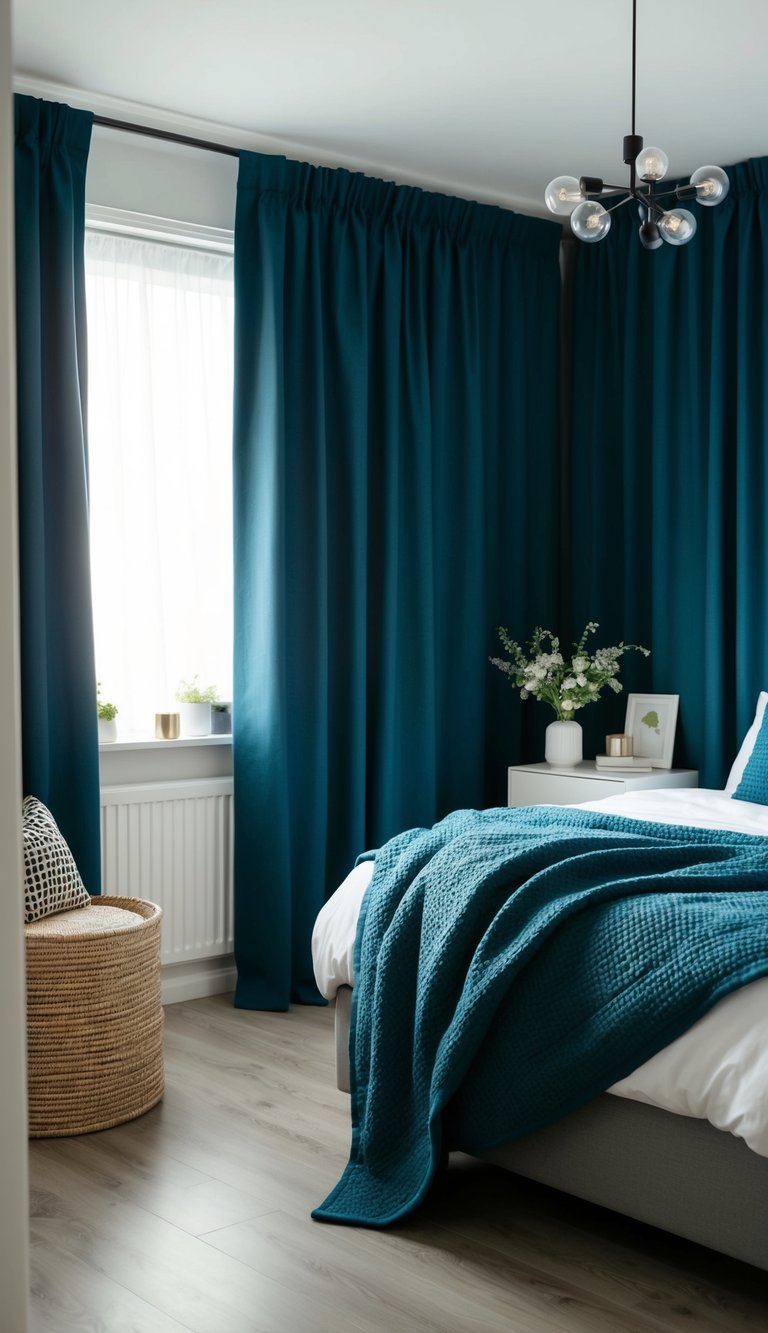 A bedroom with an IKEA curtain hung in a creative and stylish way, showcasing a simple and affordable upgrade