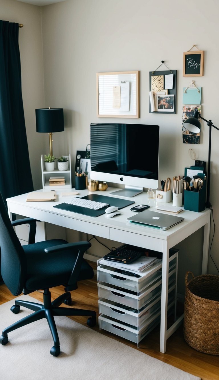 A cluttered bedroom desk transformed with IKEA organizers and accessories, creating a neat and functional workspace