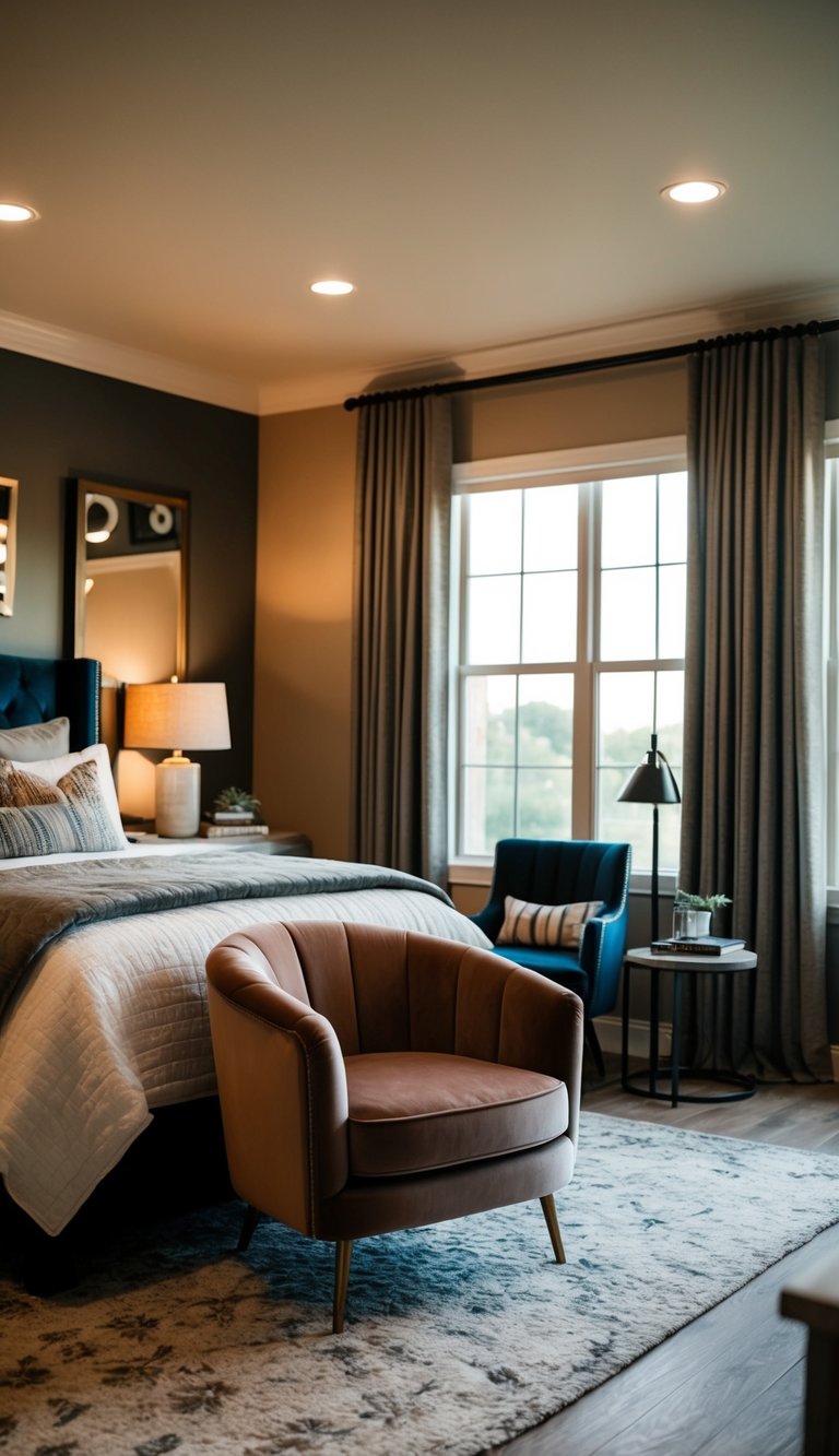 A cozy men's bedroom with a velvet accent chair as the focal point, surrounded by masculine decor and warm lighting