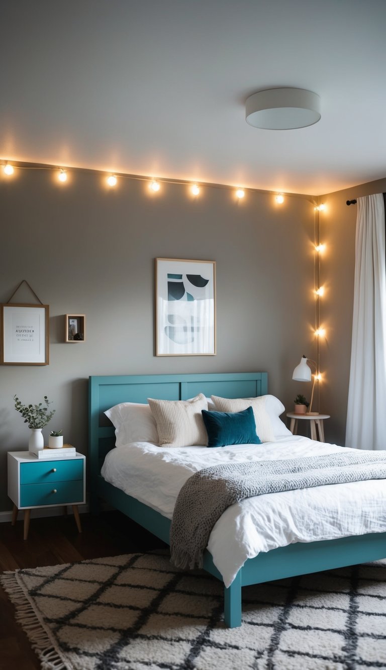 A cozy bedroom with a simple IKEA bed, a painted NORDEN table, and various DIY hacks to create a stylish and budget-friendly space