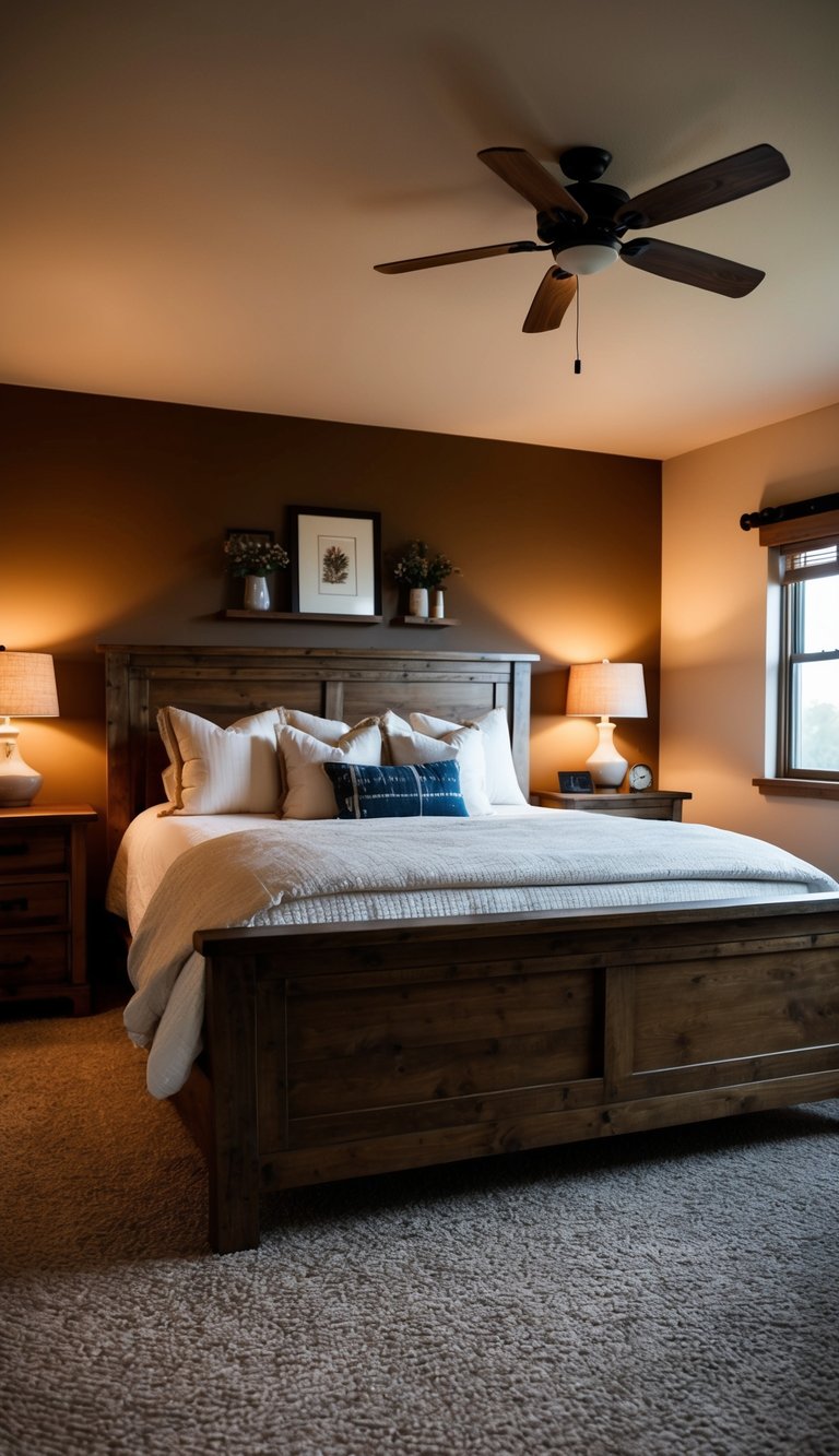 A cozy bedroom with a wooden bed frame, warm lighting, and masculine decor