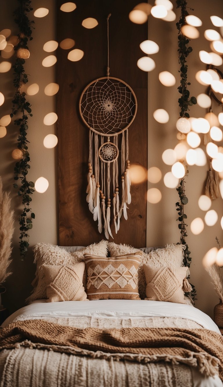 A cozy bohemian bedroom with a large dream catcher hanging above the bed, surrounded by earthy tones and natural textures