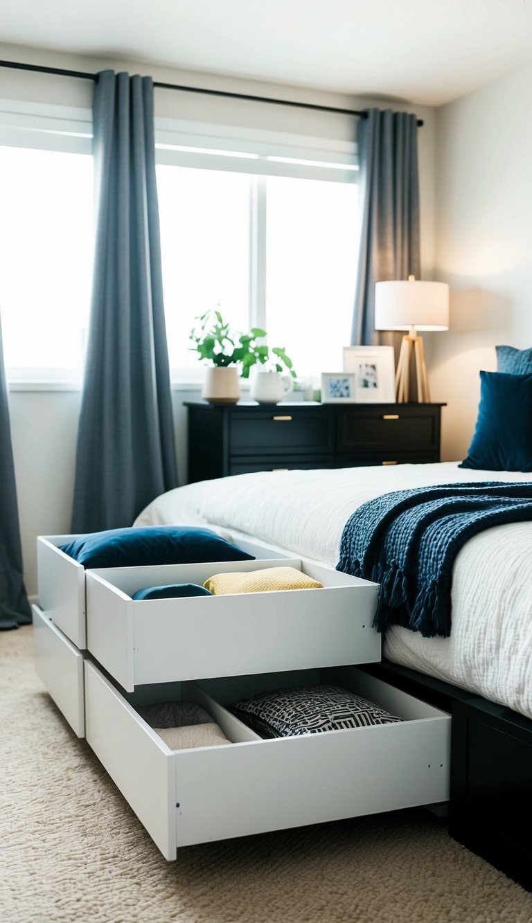 A bedroom with a neatly organized IKEA cloth drawer insert, surrounded by other simple and affordable IKEA bedroom hacks