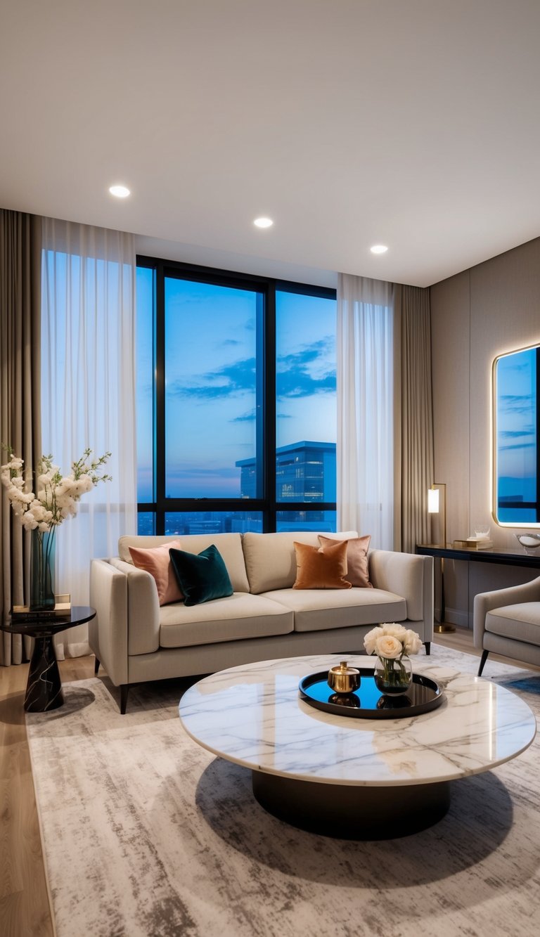 A modern bedroom with a marble coffee table and sleek decor