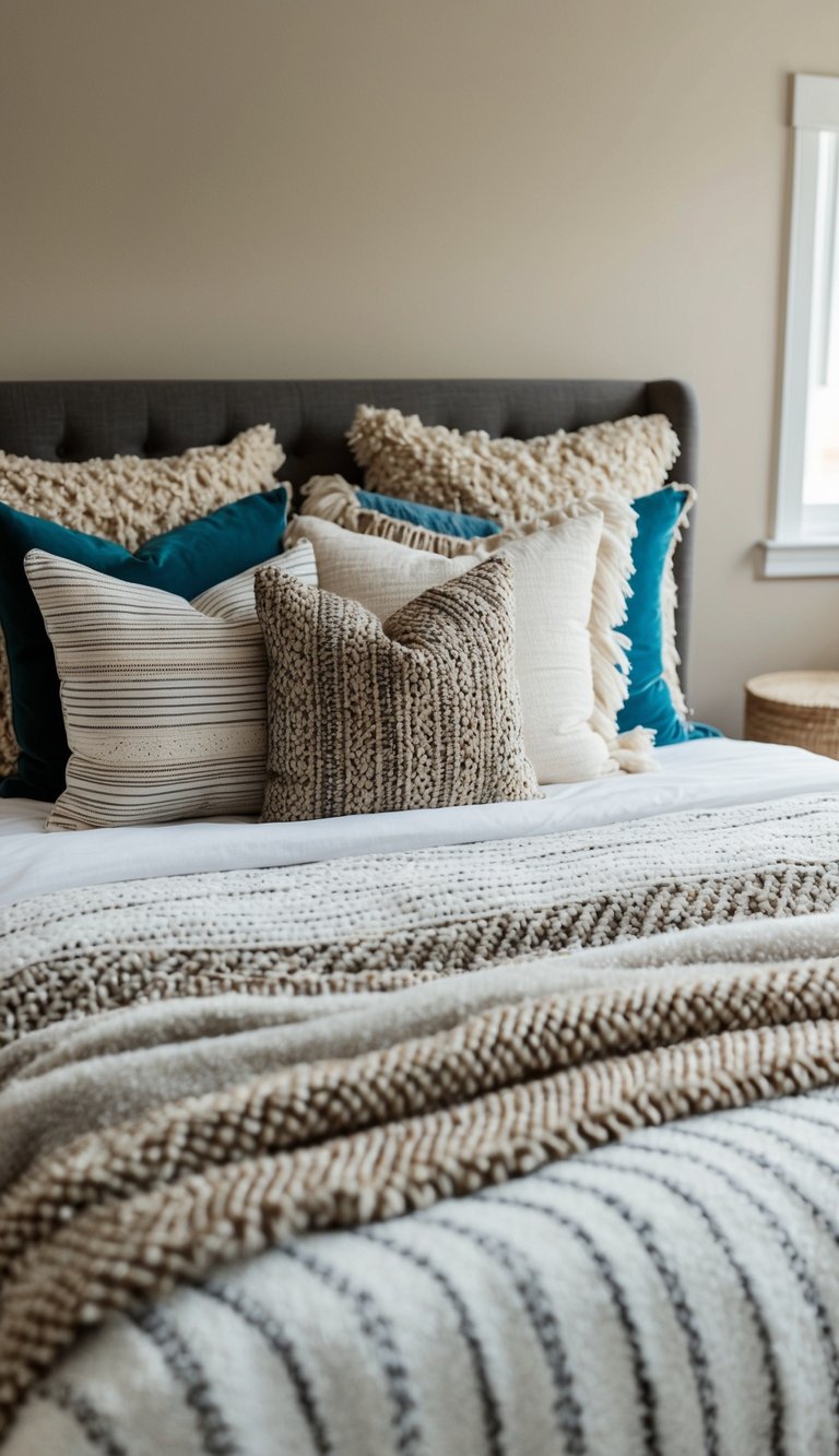 A cozy bed with layered blankets and pillows in various patterns and textures, creating a personalized and inviting look