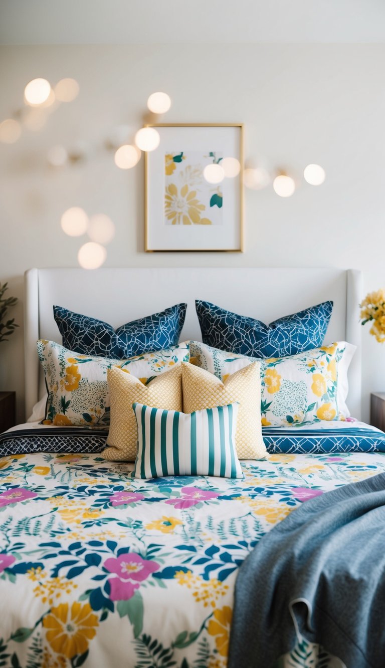 A bed with floral and geometric patterned bedding, layered with coordinating pillows and a throw blanket, creating a personalized and creative look