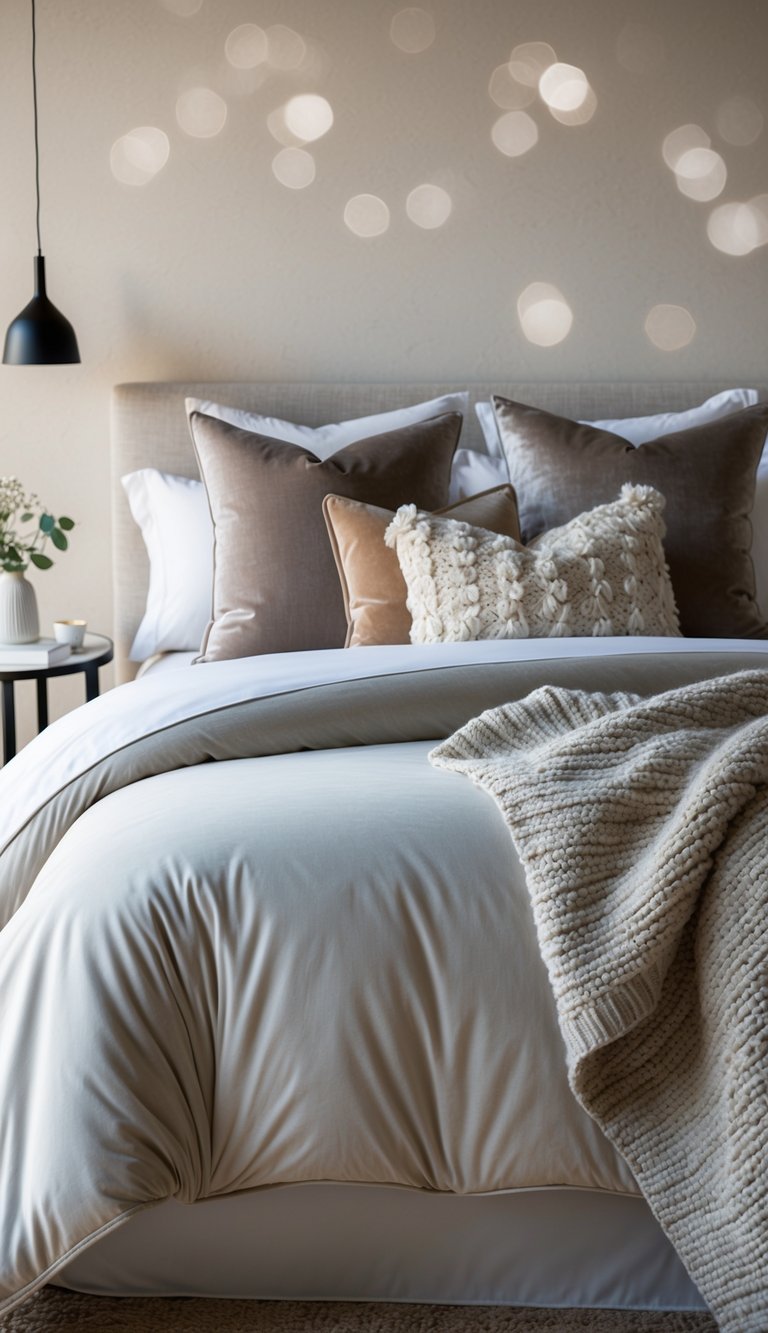 A plush velvet comforter layered over a crisp linen duvet, adorned with textured throw pillows and a cozy knit blanket