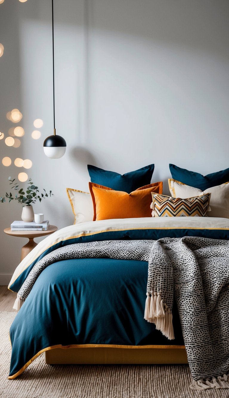 A modern bedroom with a bold, colorful duvet and neutral throw pillows, accented by a textured blanket and patterned sheets