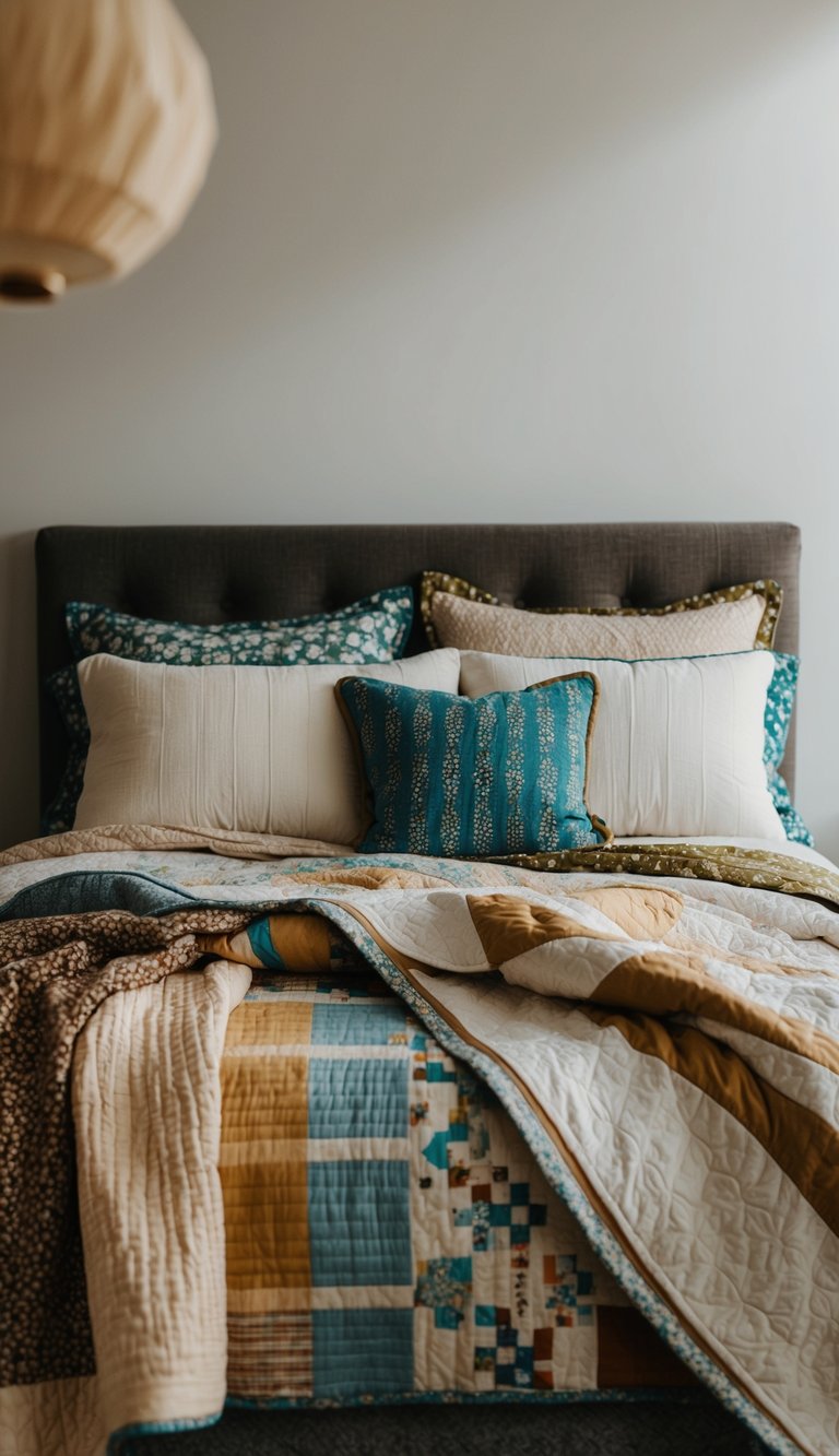 A cozy bed with layers of vintage quilts in various patterns and textures, paired with creative mix-and-match bedding for a personalized and unique look