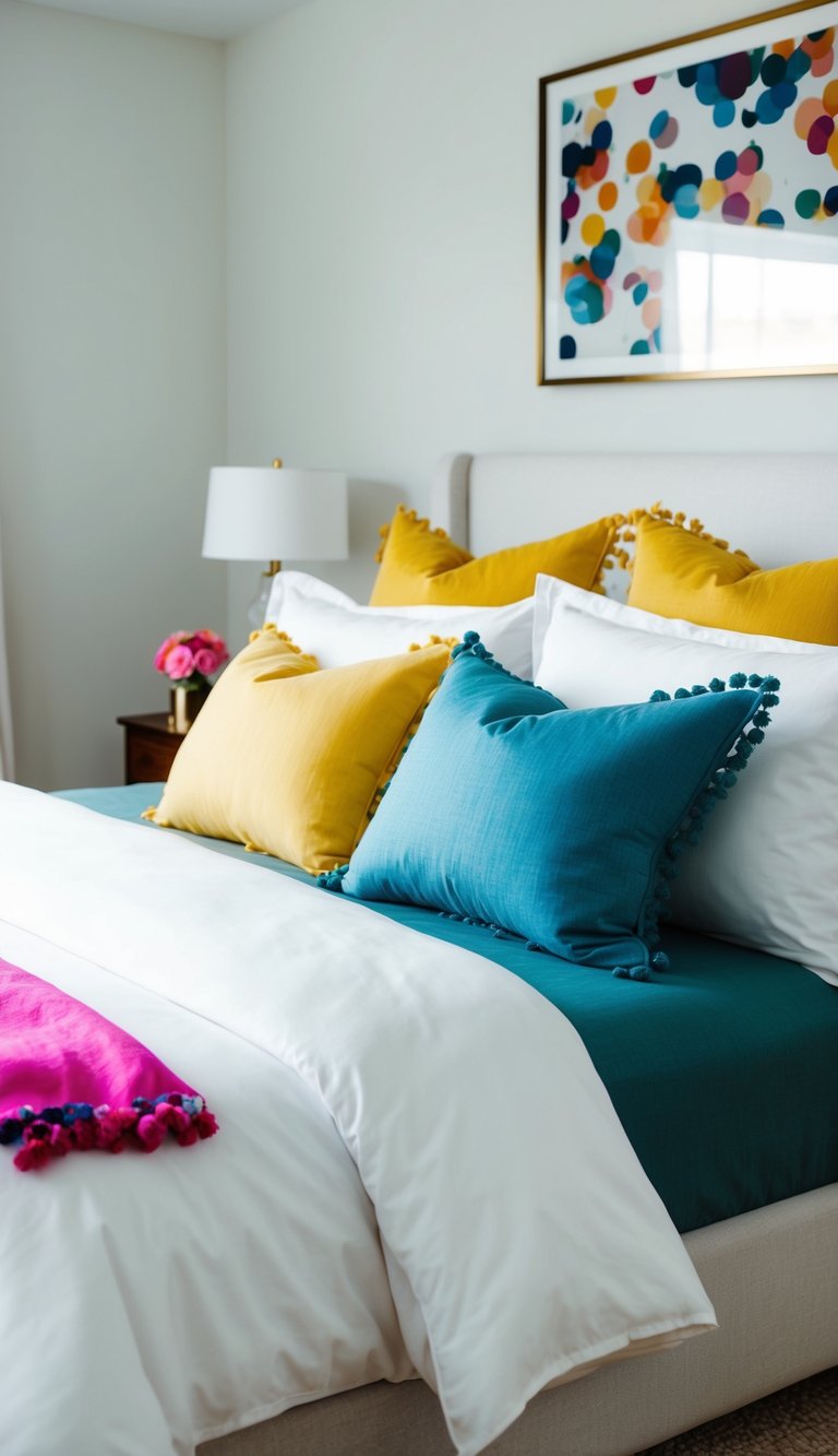 A bed with crisp white bedding adorned with a vibrant pop of color in the form of decorative pillows and throws