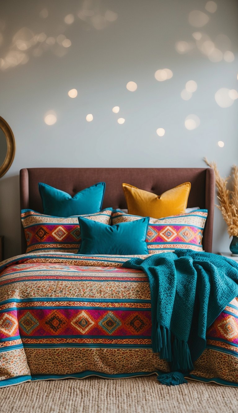 A cozy bed with vibrant ethnic print bedding paired with solid colored pillows and throw blankets