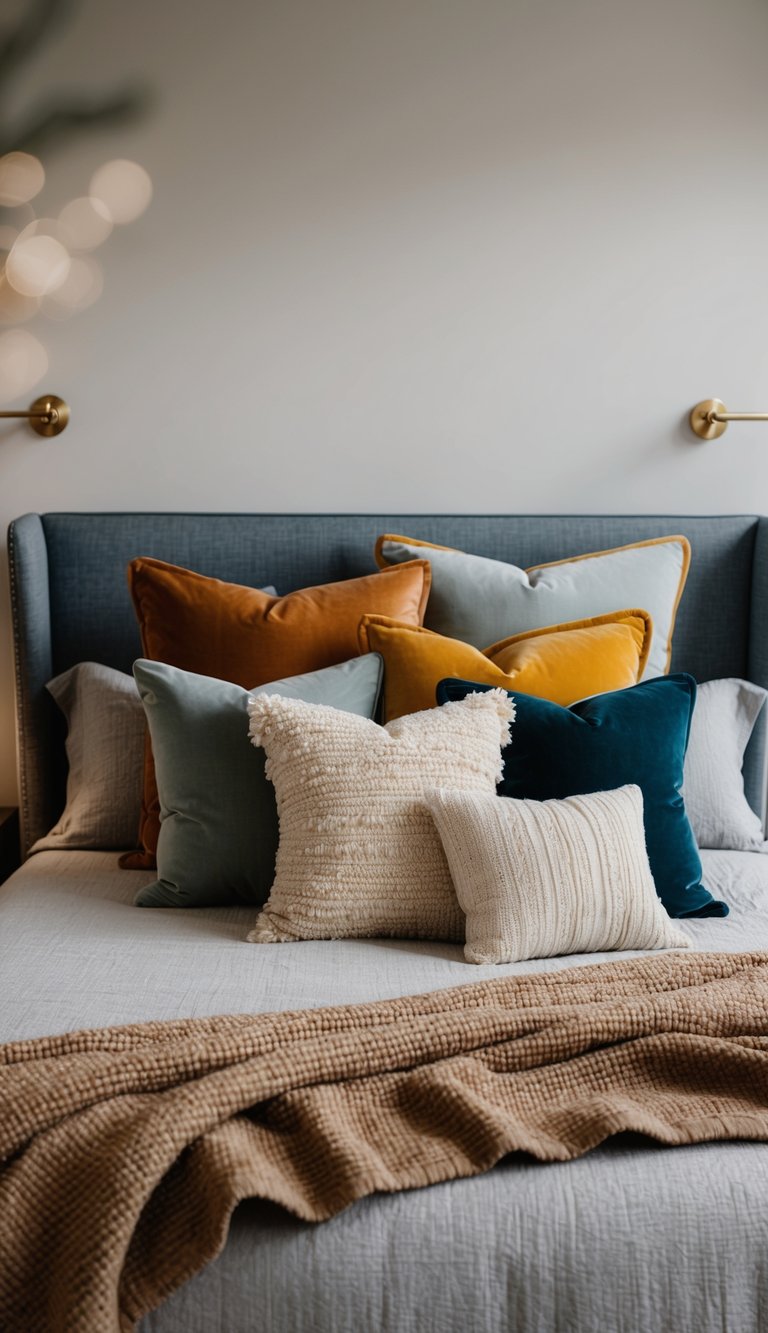 A cozy bed with muted tone bedding and bold accent pillows arranged in a creative and personalized combination