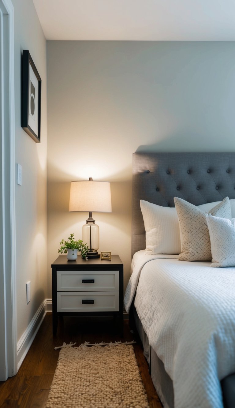 A cozy small bedroom with a neatly made bed, soft throw pillows, a compact nightstand with a lamp, a small area rug, and a few decorative accents