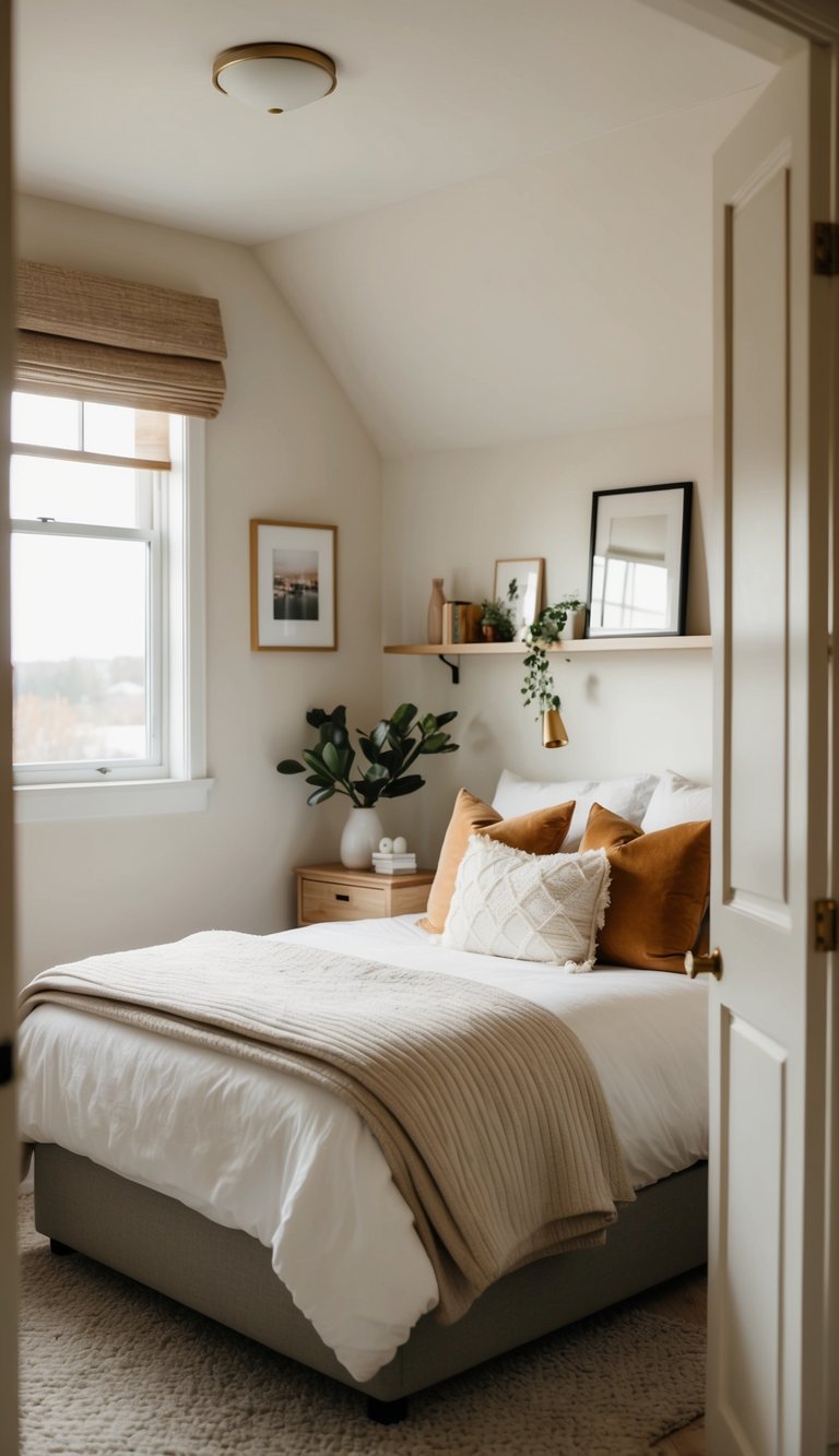 A cozy small bedroom with light-colored walls and decor, featuring a comfortable bed, soft throw pillows, and a warm, inviting atmosphere