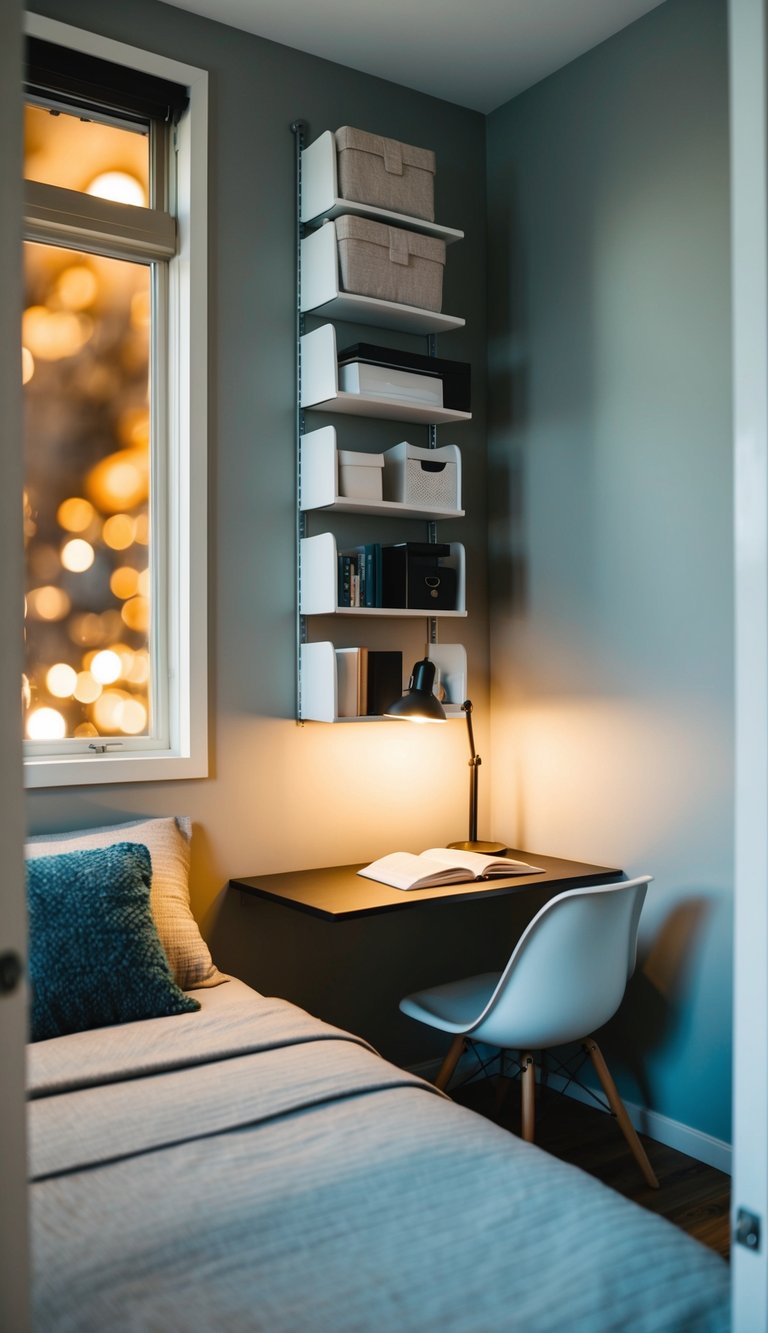 A small bedroom with a bed against the wall, utilizing vertical storage solutions such as shelves and hanging organizers. A cozy reading nook with a chair and lamp