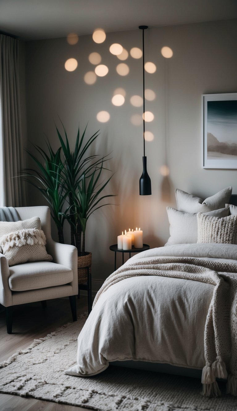 A cozy bedroom with soft, neutral tones, plush bedding, dim lighting, and aromatic candles. A comfortable armchair, potted plants, and calming artwork complete the tranquil atmosphere