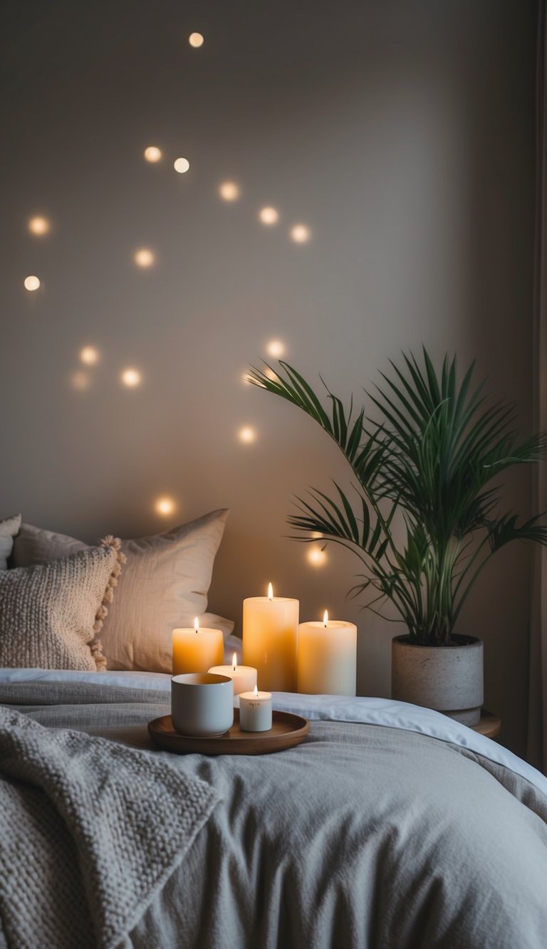 A cozy bedroom with soft, neutral colors, plush bedding, and dim lighting. Aromatherapy candles and potted plants create a serene atmosphere