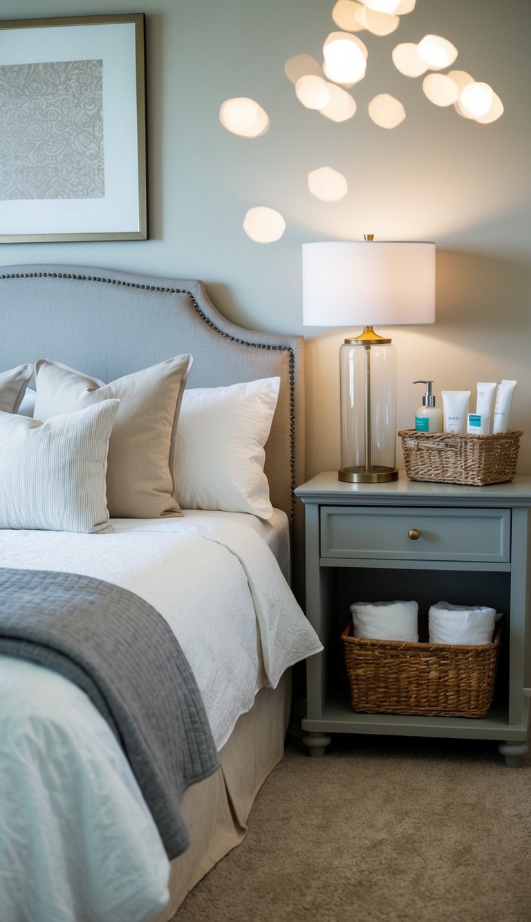 A cozy guest bedroom with a comfortable bed, soft bedding, extra pillows, bedside lamp, fresh towels, and a small basket of toiletries on the dresser