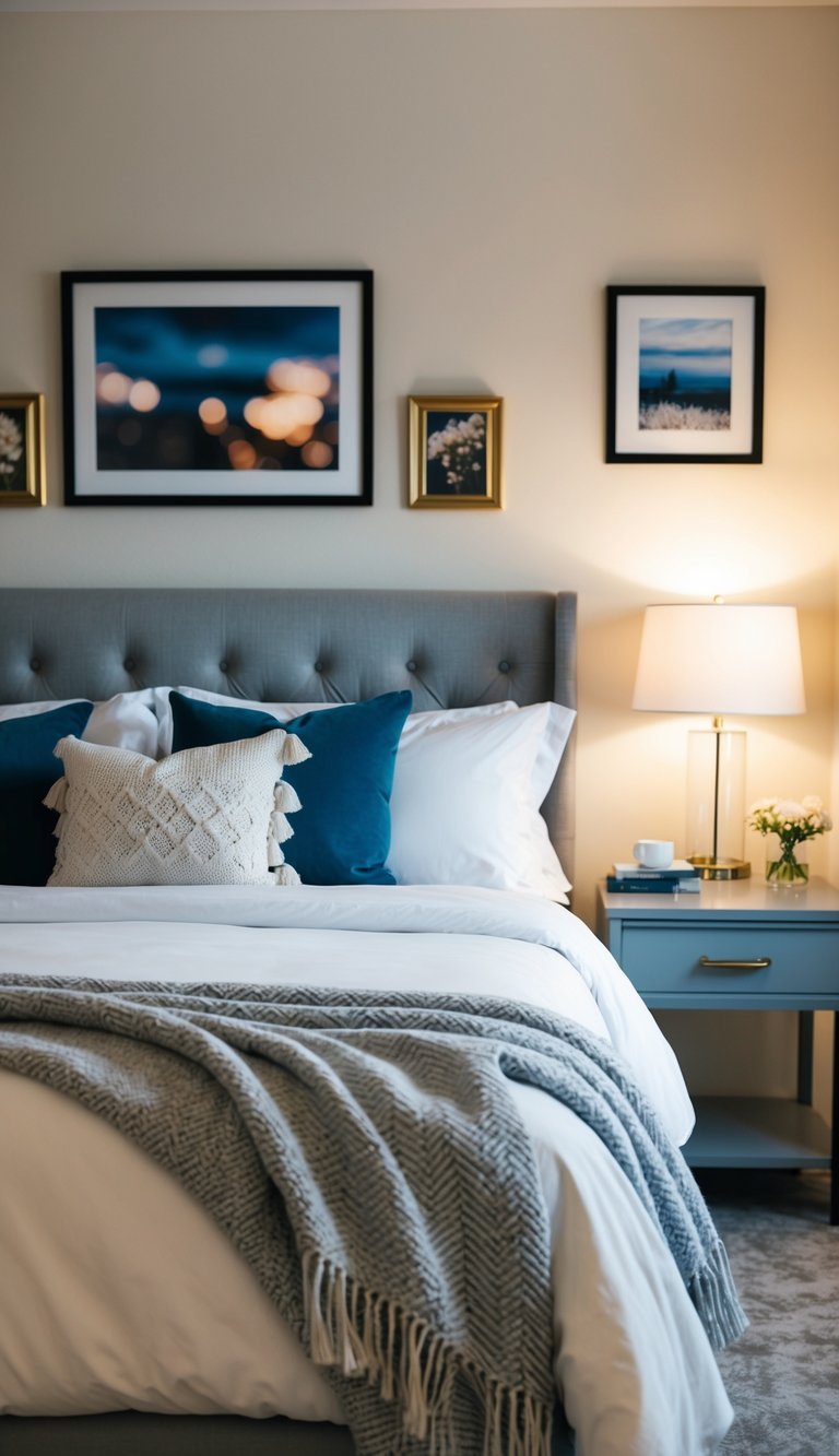 A cozy bedroom with a neatly made bed, soft throw blanket, bedside lamp, and other welcoming touches for guests