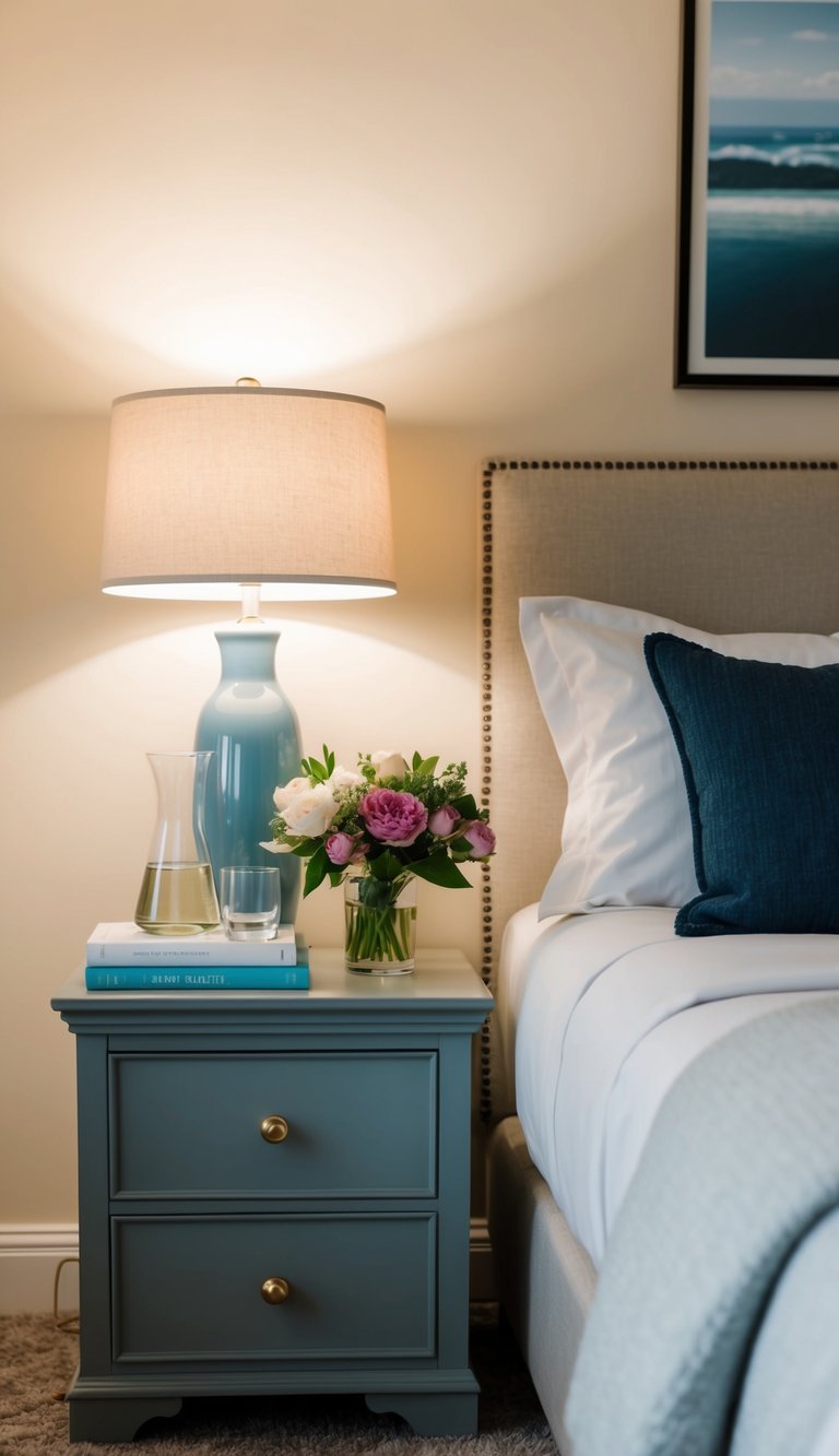 A cozy guest bedroom with a neatly made bed, a bedside carafe and glass, a reading lamp, fresh flowers, and a stack of books on a nightstand