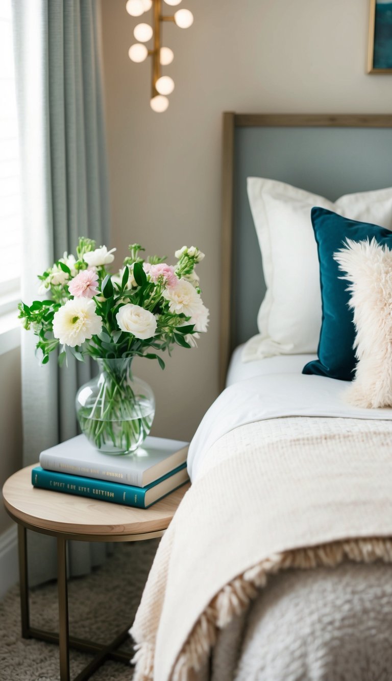 A cozy guest bedroom with a vase of fresh flowers, fluffy pillows, a soft throw blanket, and a stack of books on the nightstand