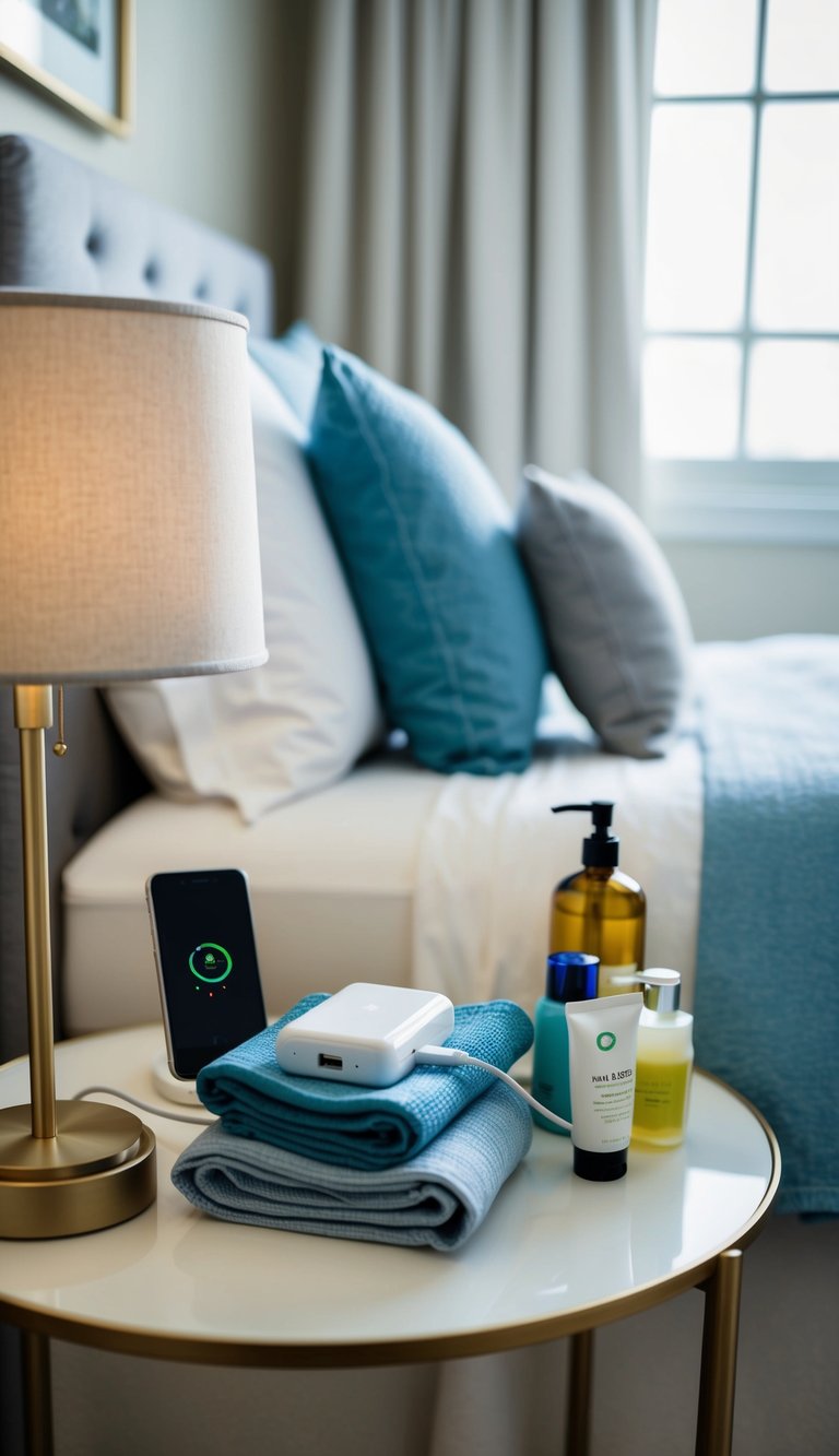 A cozy guest bedroom with a universal charger, fresh linens, towels, and toiletries neatly arranged on a bedside table