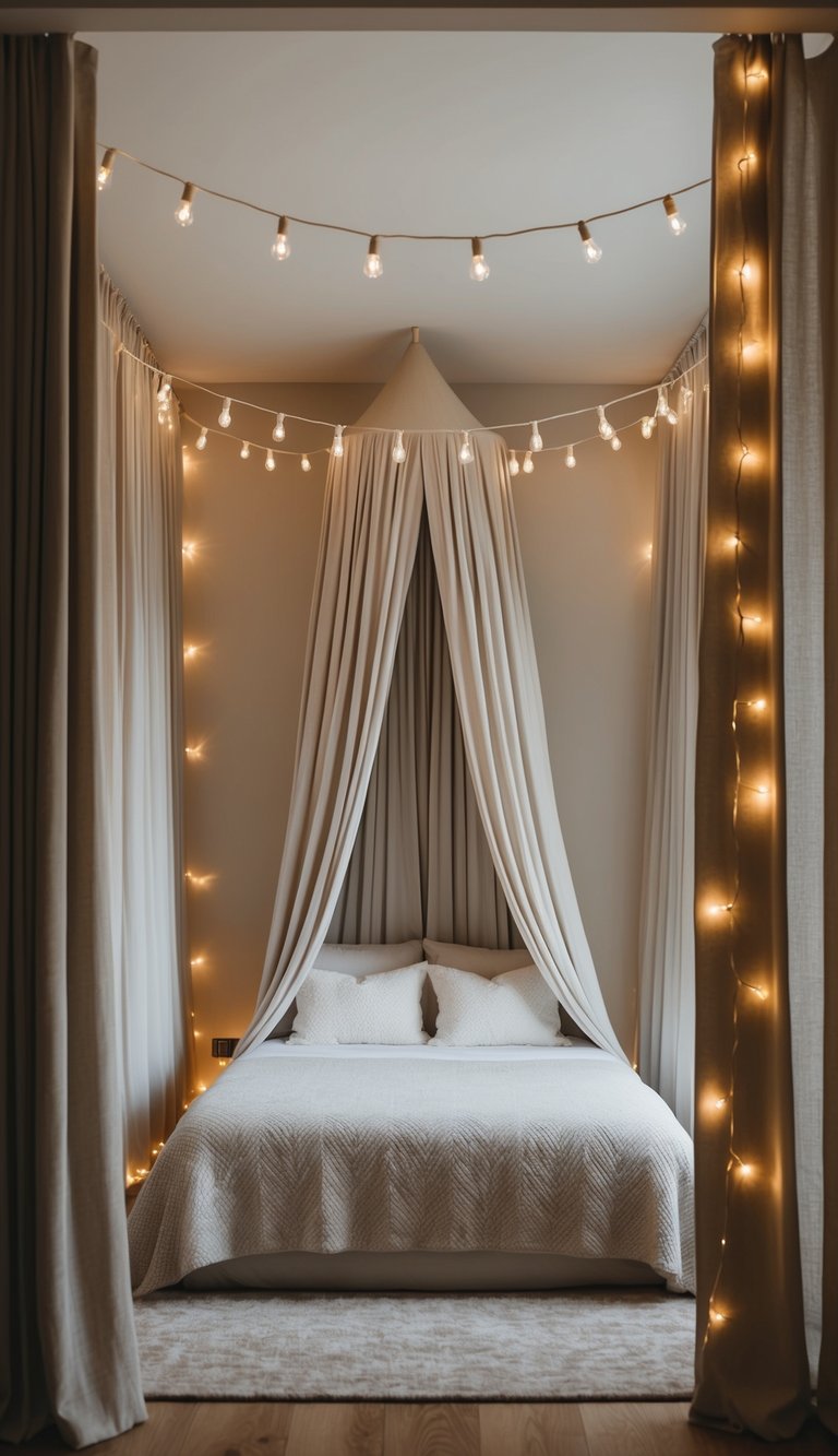 A cozy bedroom with a simple, draped canopy over a bed, surrounded by soft, flowing curtains and twinkling string lights for a luxurious ambiance