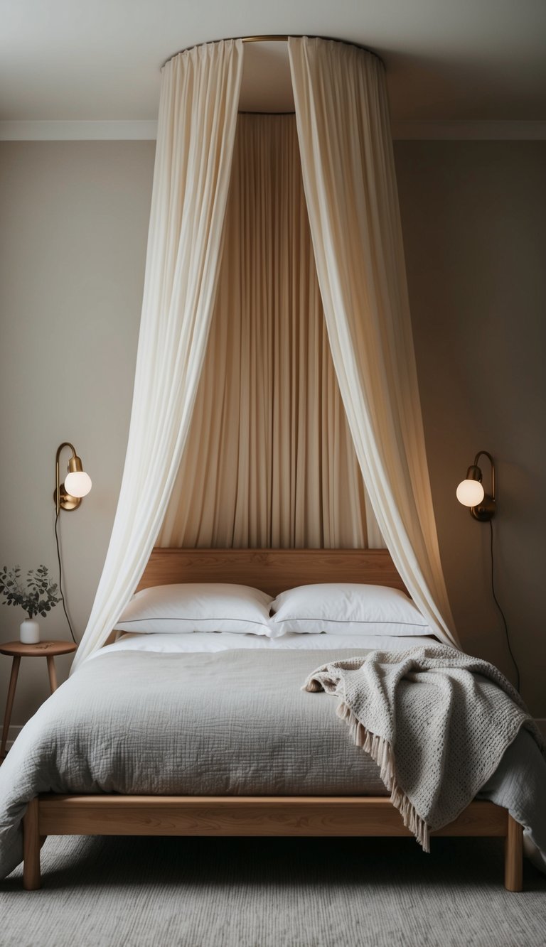 A cozy bedroom with a simple wooden bed frame draped with flowing fabric, creating a luxurious canopy effect. Soft lighting and plush bedding complete the inviting atmosphere