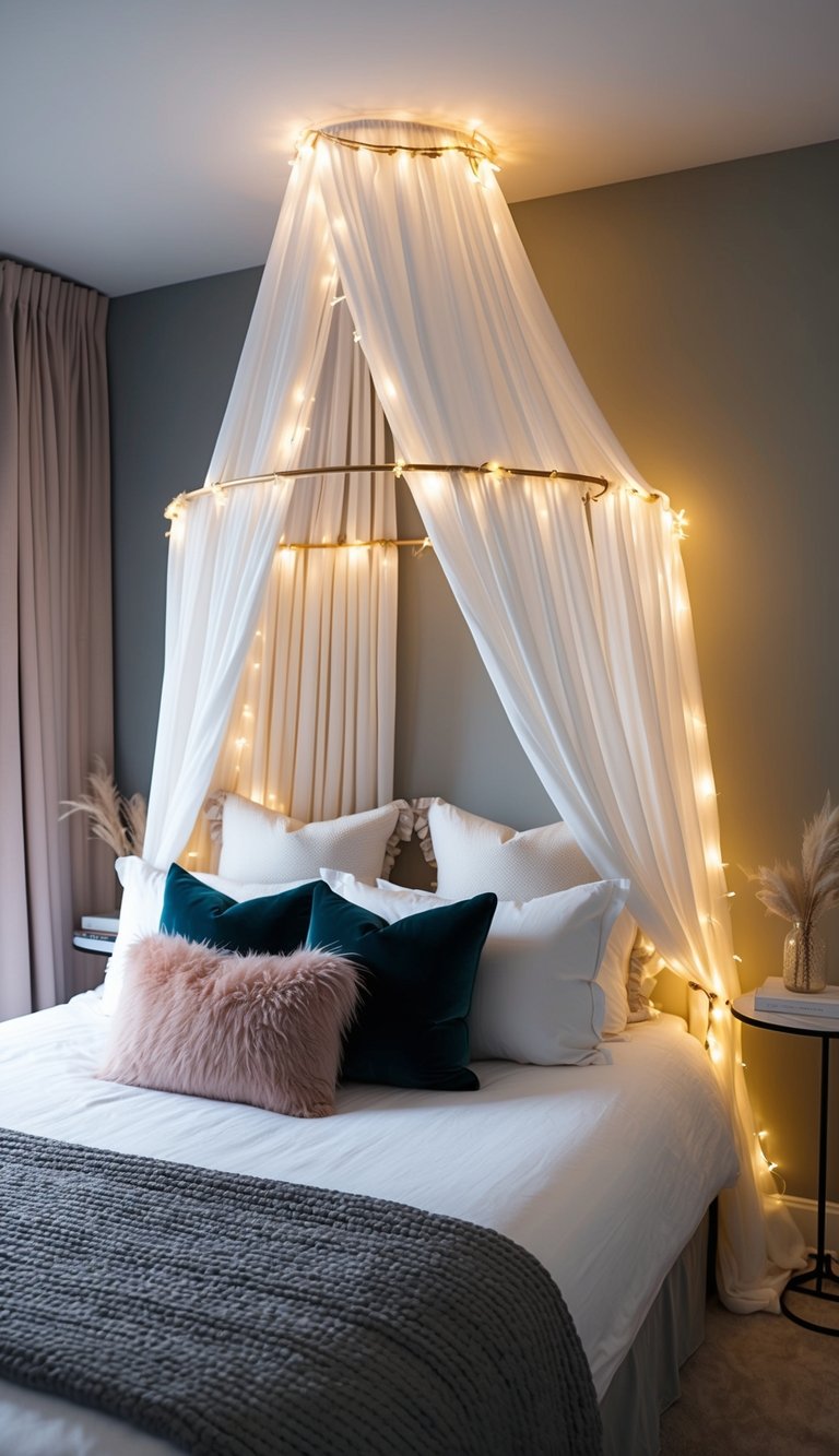 A bedroom with a DIY canopy bed made from draped fabric, twinkling fairy lights, and plush pillows for a luxurious feel