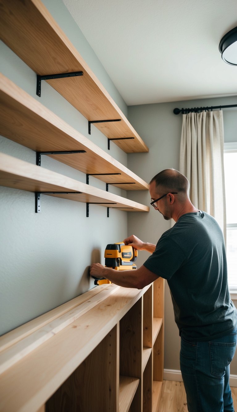 A person measuring, cutting, and assembling wood to create floating shelves in a bedroom