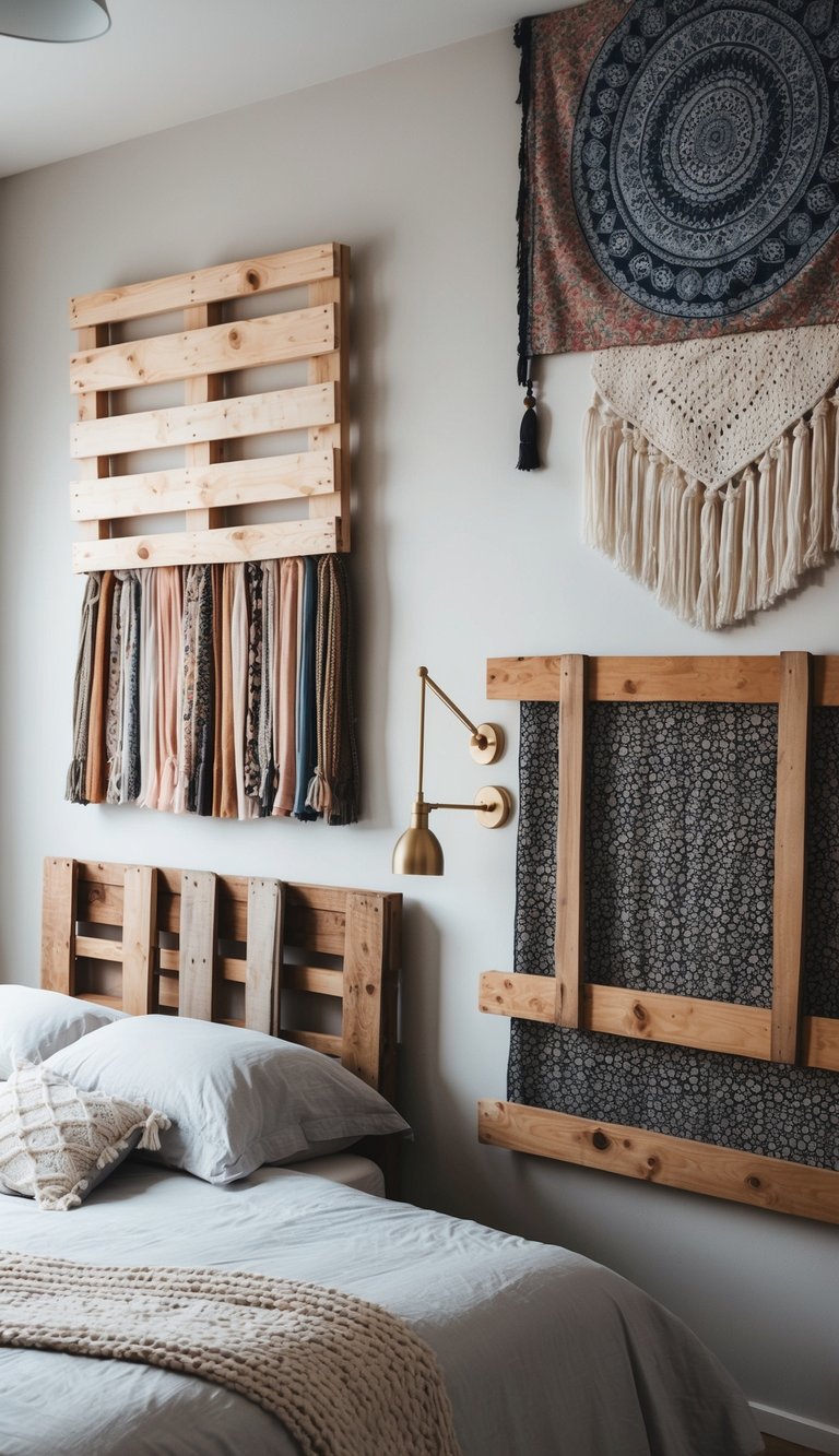 A cozy bedroom with a variety of unique DIY headboard ideas, including wooden pallets, fabric panels, and hanging tapestries