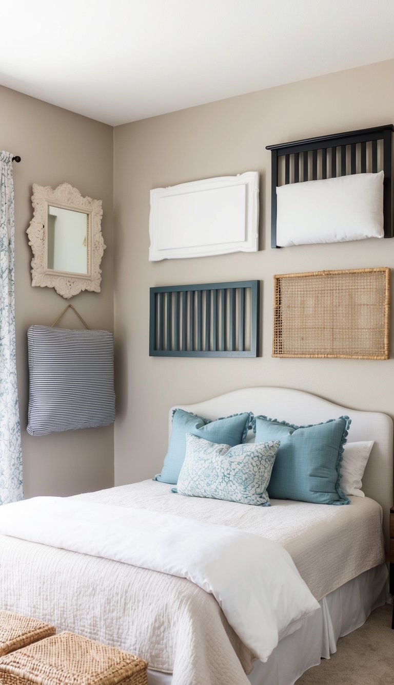 A bedroom with a variety of DIY headboard styles displayed against a neutral-colored wall. Each headboard is unique and adds a touch of elegance to the room