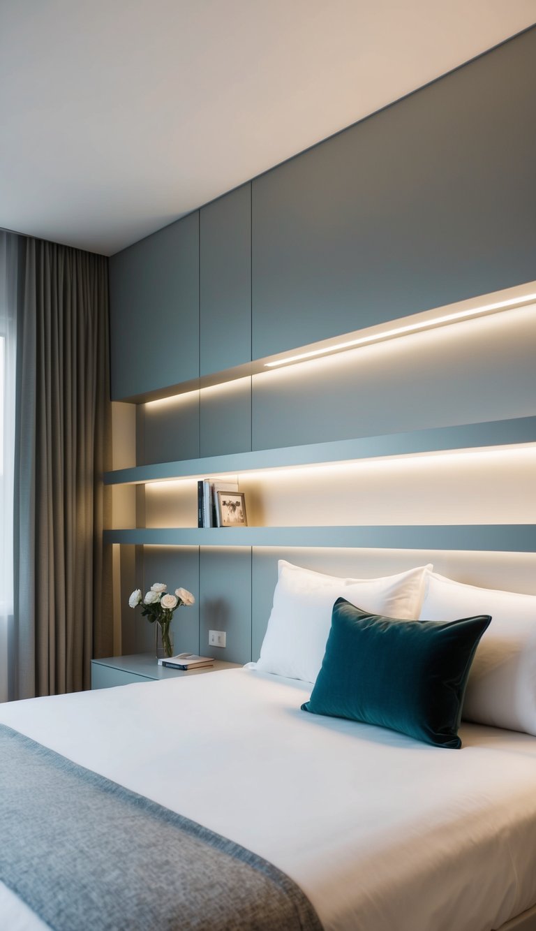 A sleek, minimalist headboard with integrated lighting and floating shelves, complementing a contemporary bedroom with clean lines and neutral colors