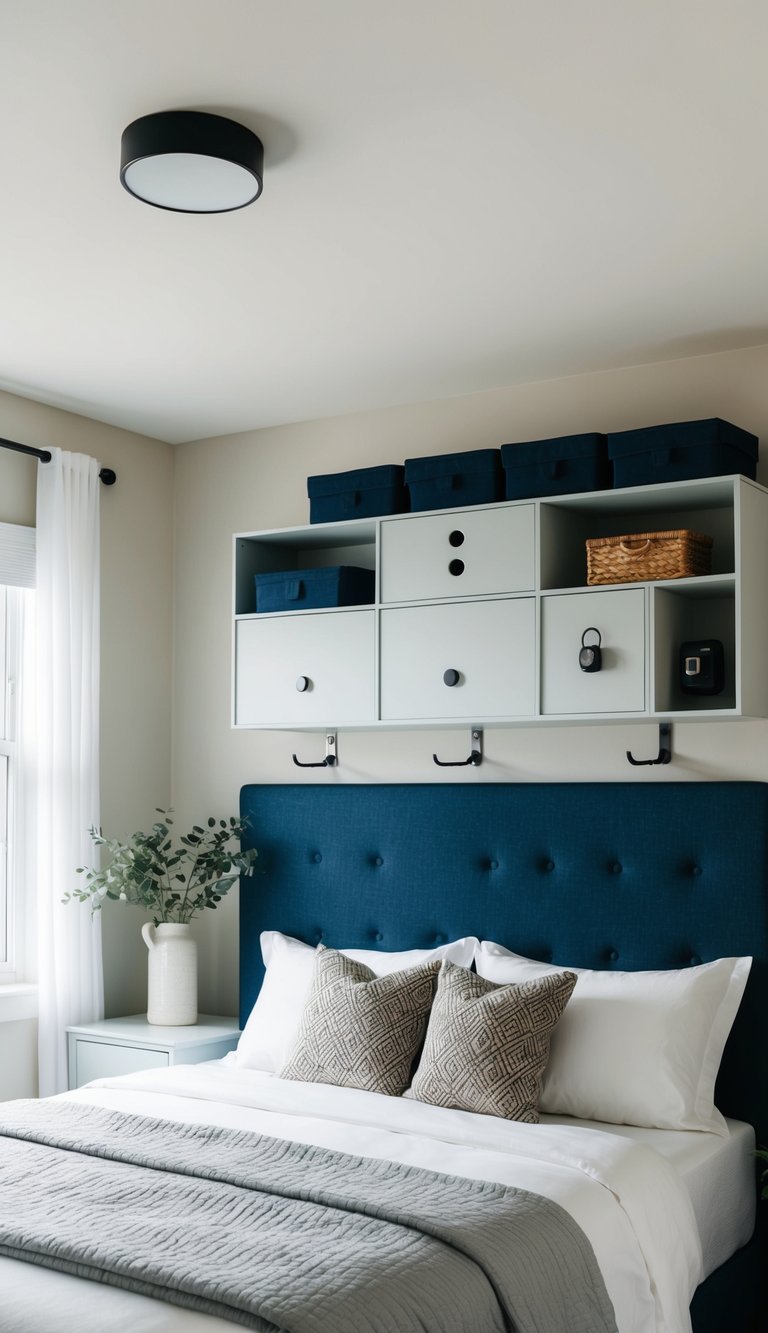 A bedroom with various headboard storage solutions, including shelves, compartments, and hooks, creating a functional and stylish space