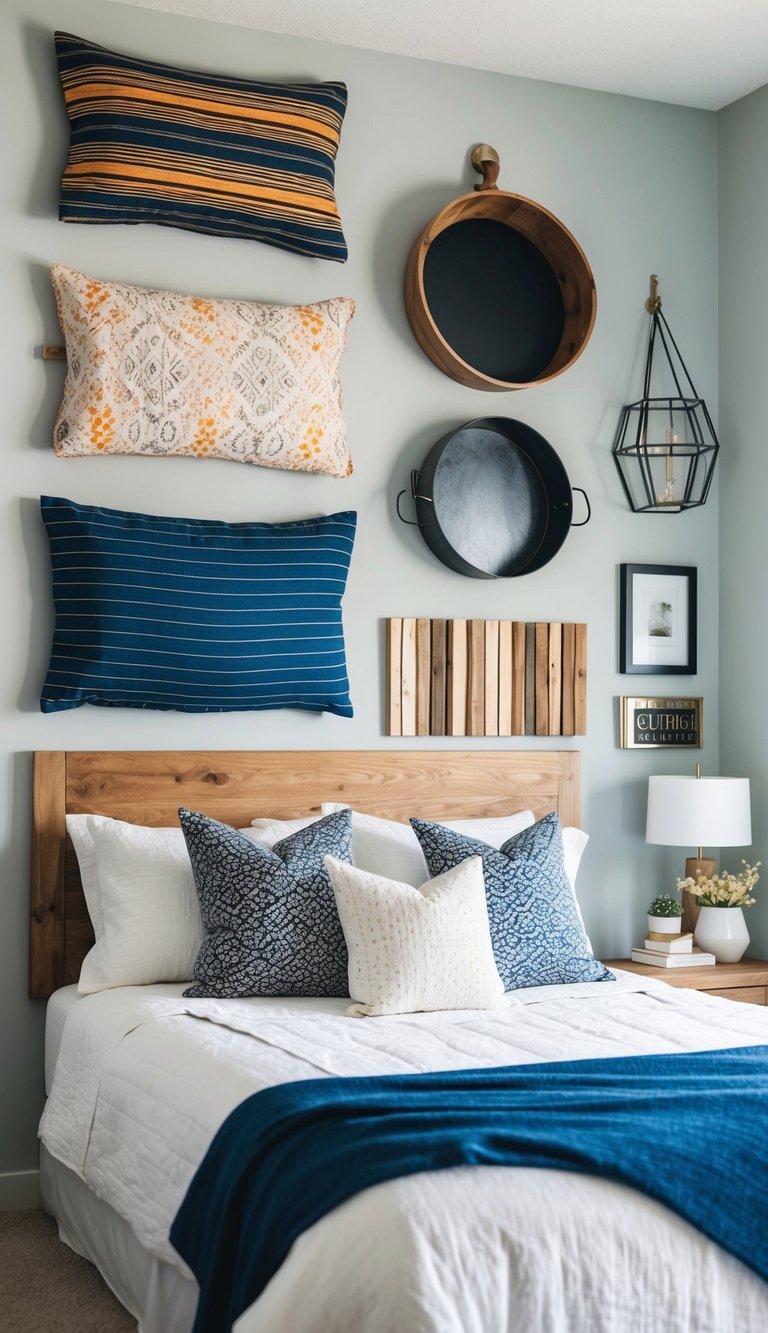 A bedroom with various DIY headboard ideas displayed on the wall, including fabric, wood, and metal designs