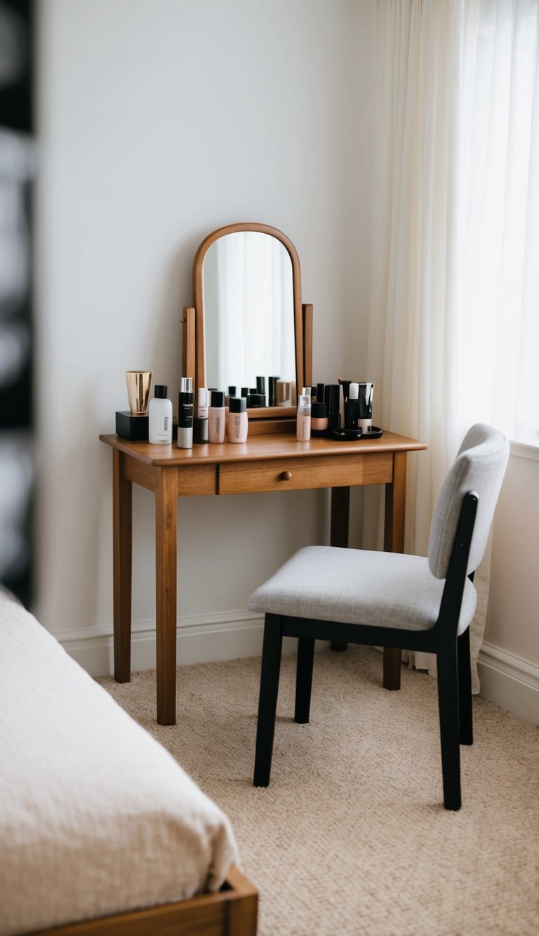 A bedroom with a simple wooden table, mirror, and various beauty products neatly organized on the surface. A comfortable chair is placed in front of the table