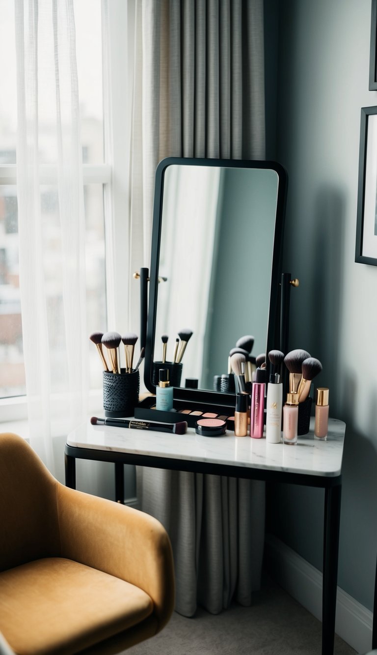 A cluttered bedroom corner with a mirror, makeup brushes, and beauty products arranged on a stylish table with a comfortable chair